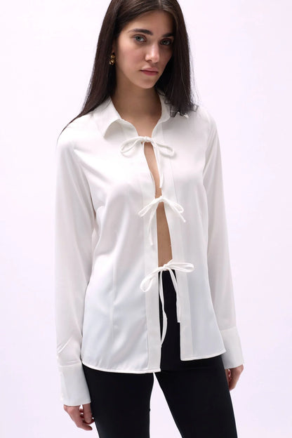 Tie Detail Satin White Shirt