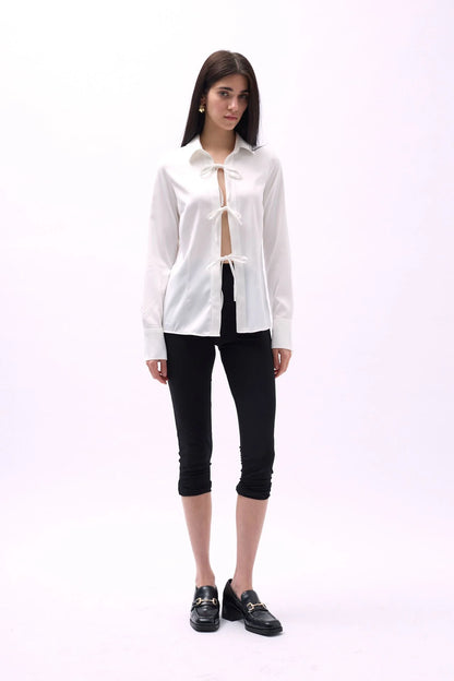 Tie Detail Satin White Shirt