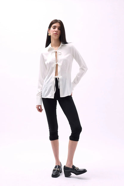 Tie Detail Satin White Shirt