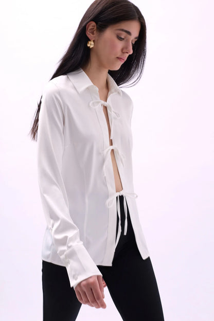 Tie Detail Satin White Shirt