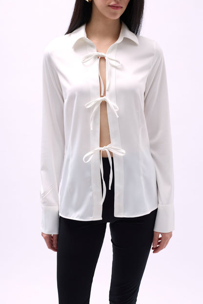 Tie Detail Satin White Shirt