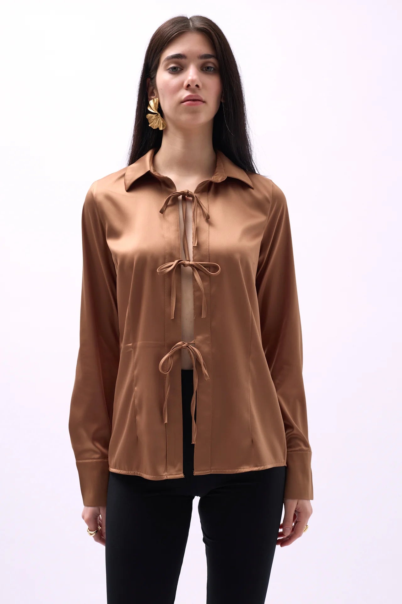 Tie Detail Satin Brown Shirt