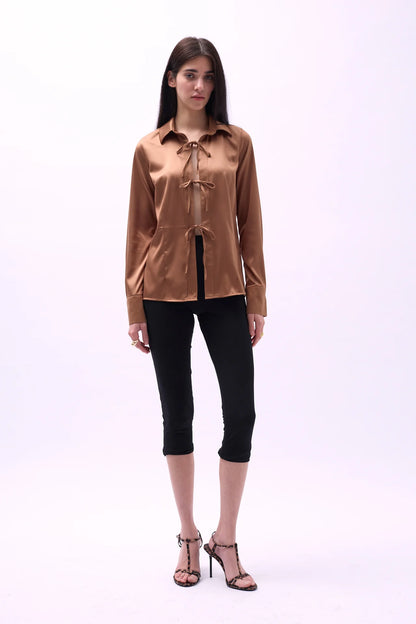 Tie Detail Satin Brown Shirt