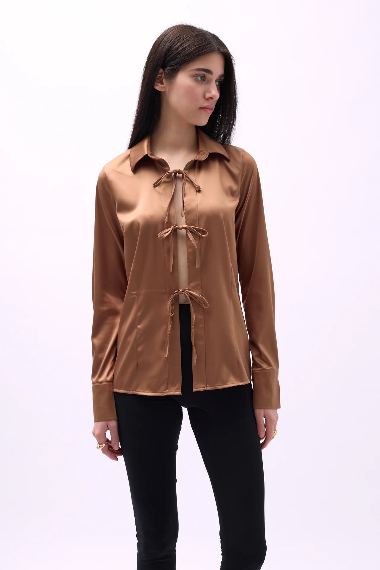 Tie Detail Satin Brown Shirt