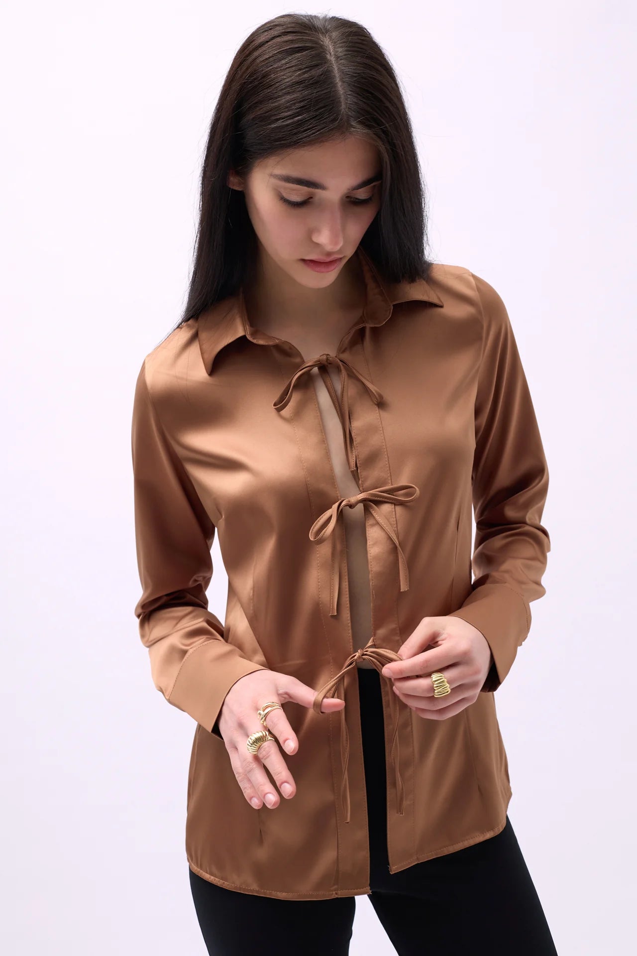 Tie Detail Satin Brown Shirt