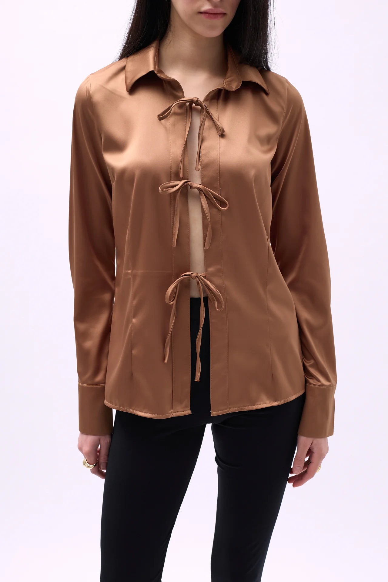 Tie Detail Satin Brown Shirt