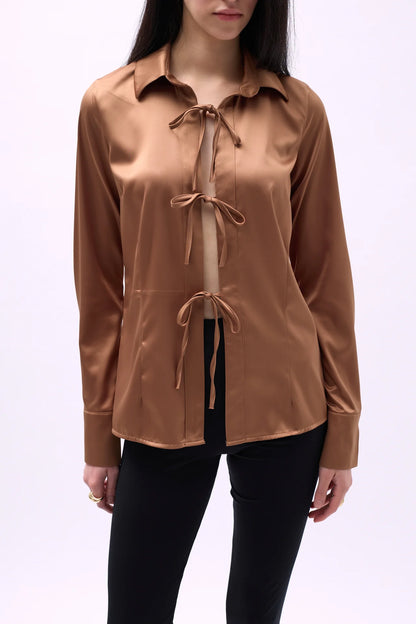 Tie Detail Satin Brown Shirt