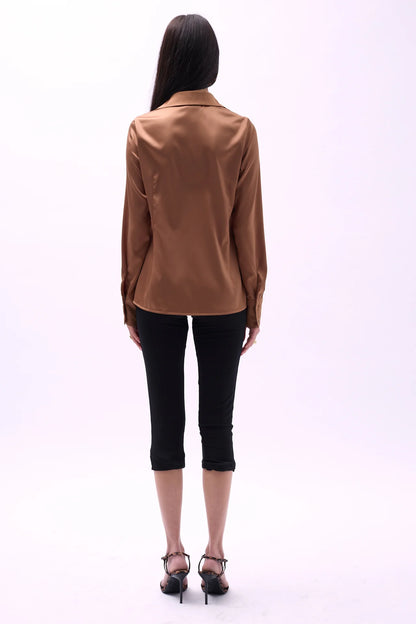 Tie Detail Satin Brown Shirt