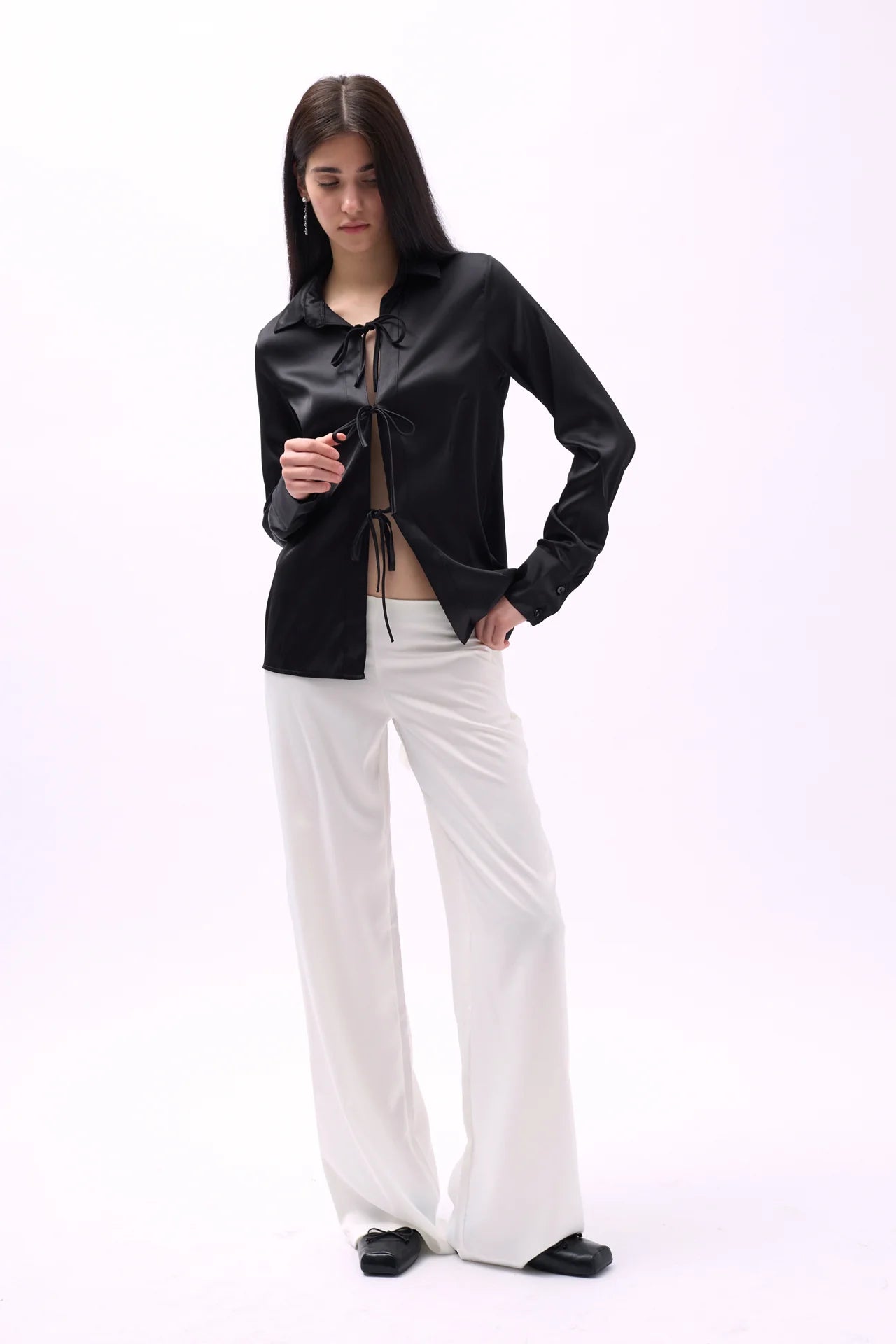 Tie Detail Satin Black Shirt