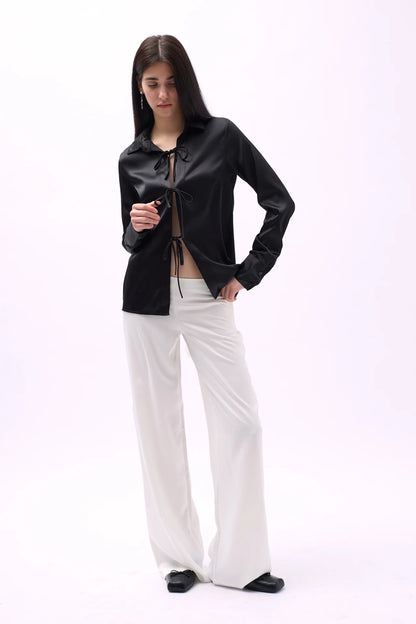 Tie Detail Satin Black Shirt