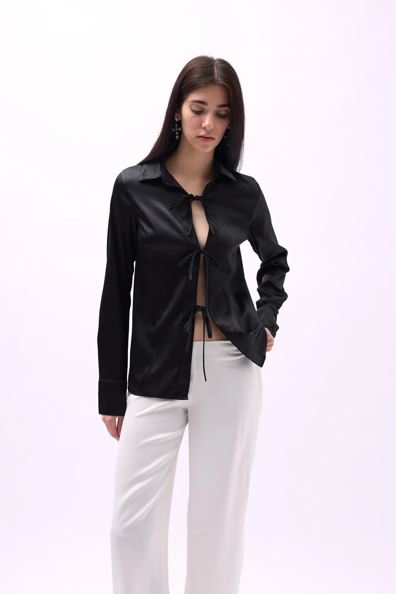 Tie Detail Satin Black Shirt