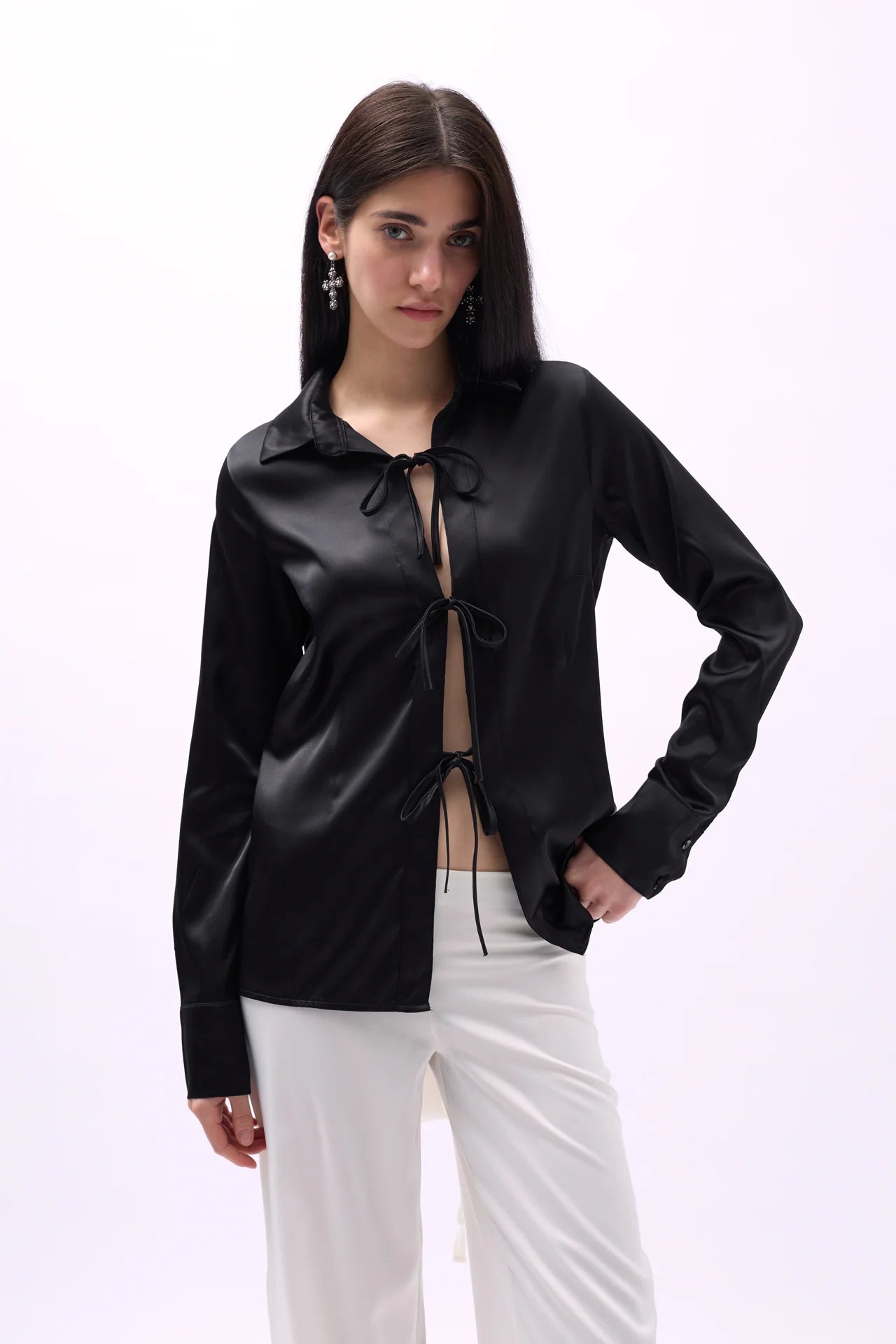 Tie Detail Satin Black Shirt