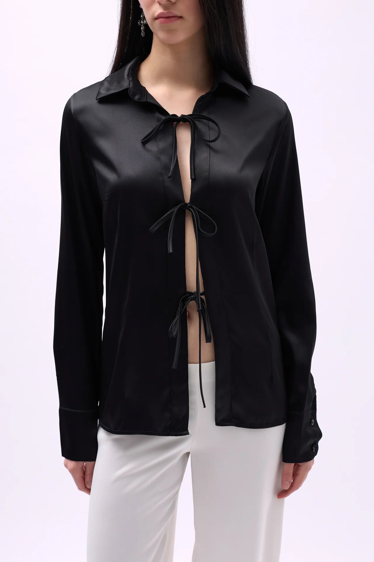 Tie Detail Satin Black Shirt