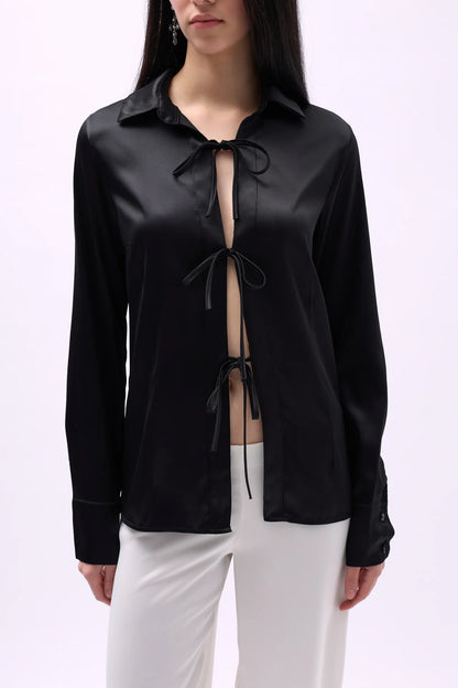 Tie Detail Satin Black Shirt