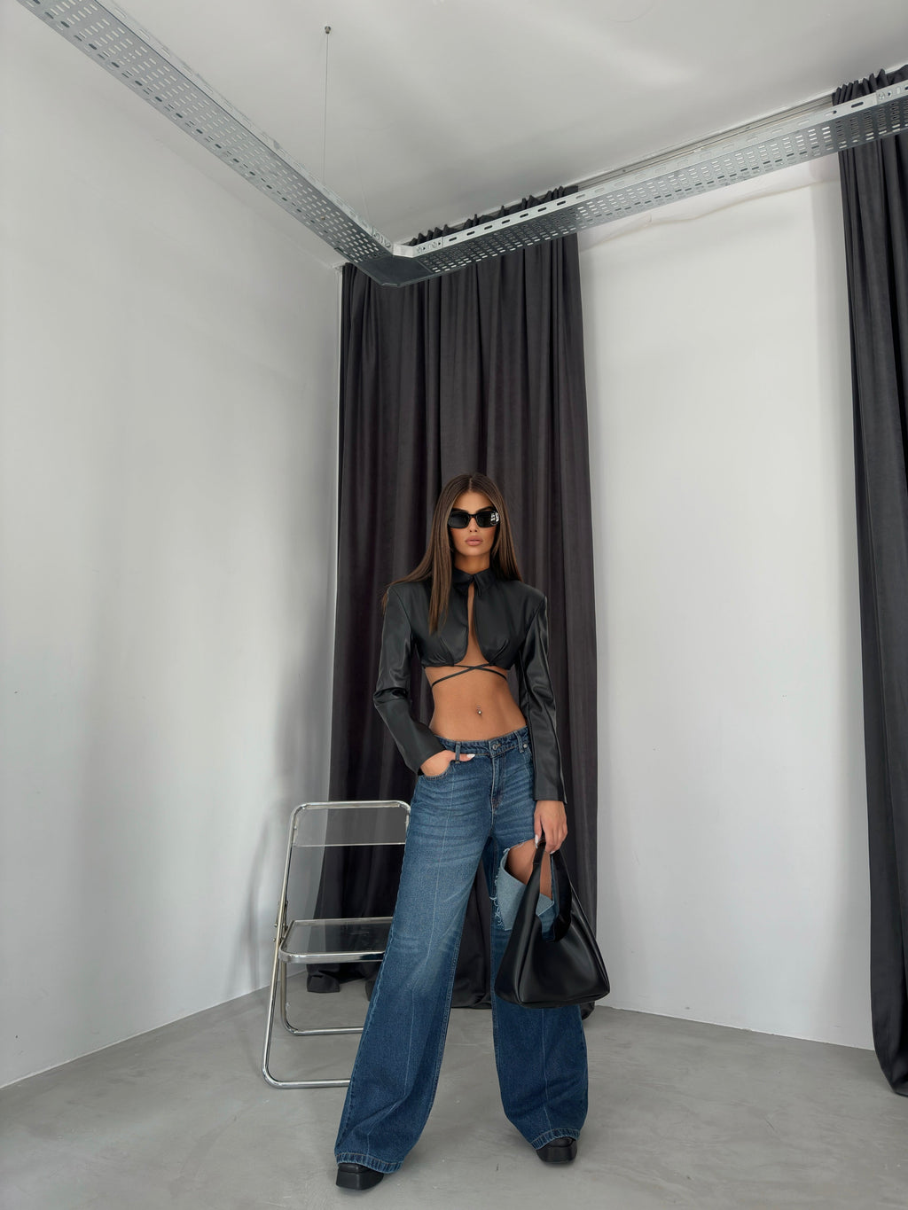 Tie Detail Black Crop Leather Jacket