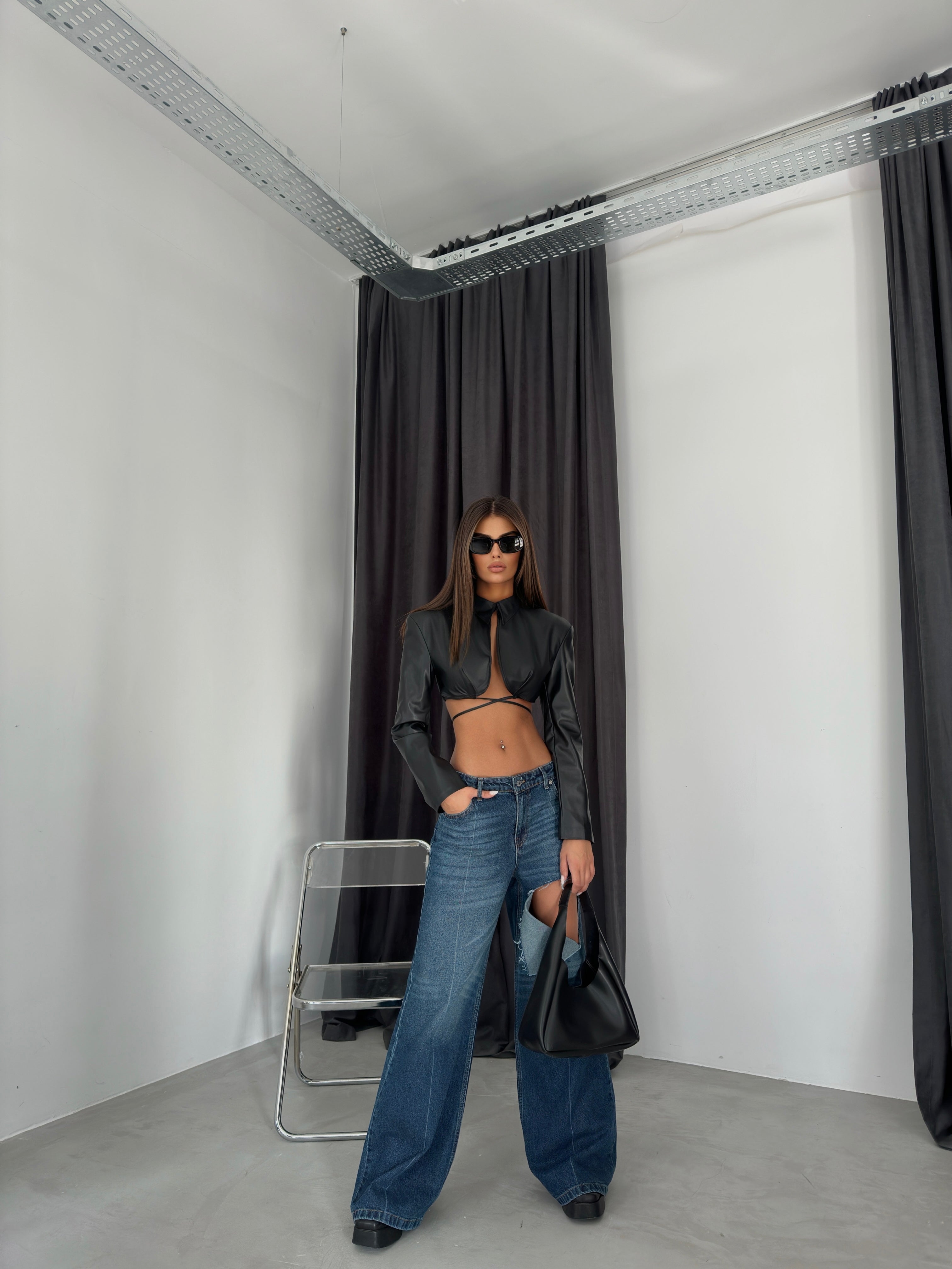 Tie Detail Black Crop Leather Jacket