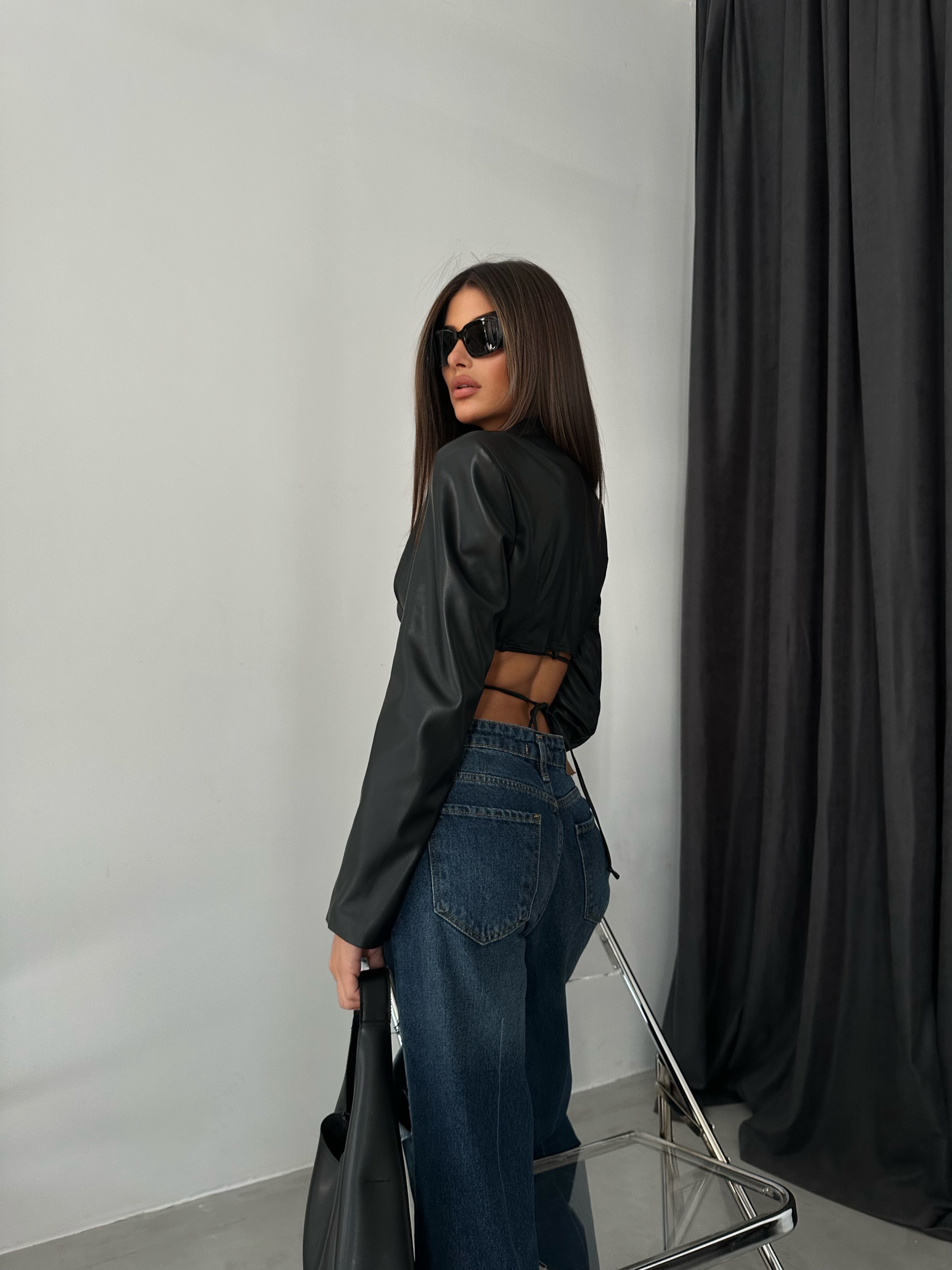 Tie Detail Black Crop Leather Jacket