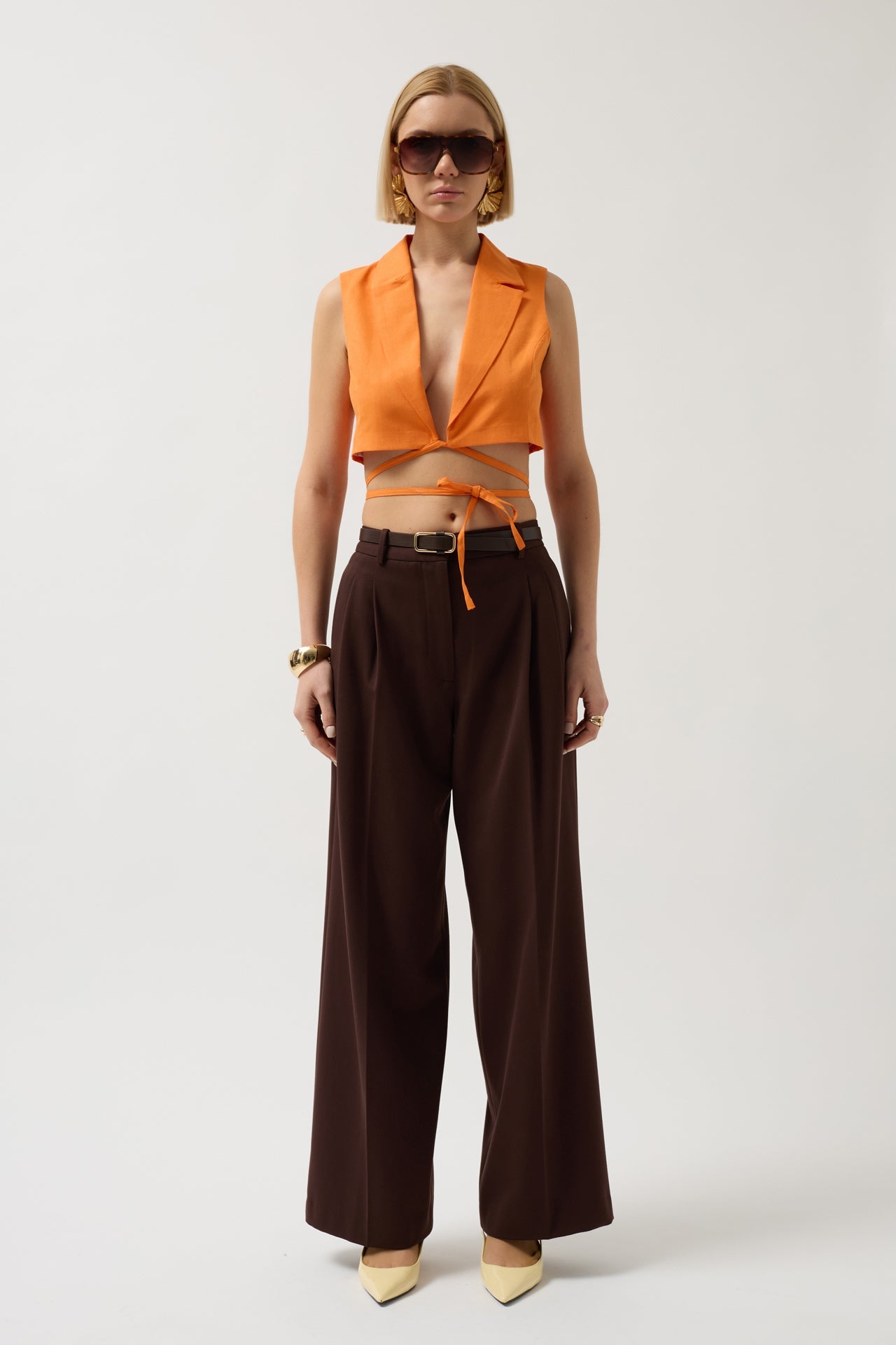 Tie Detay Orange Linen Vest