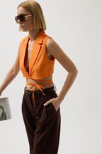 Tie Detay Orange Linen Vest