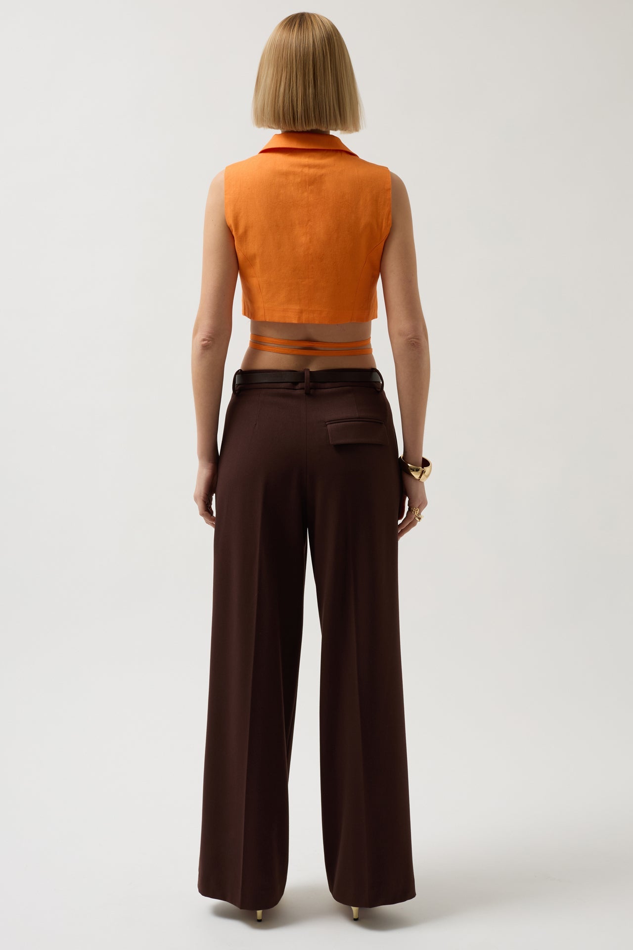 Tie Detay Orange Linen Vest