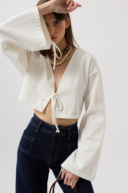 Tie Detail Long Sleeve White Blouse + Jean