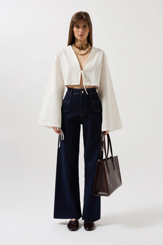Tie Detail Long Sleeve White Blouse + Jean