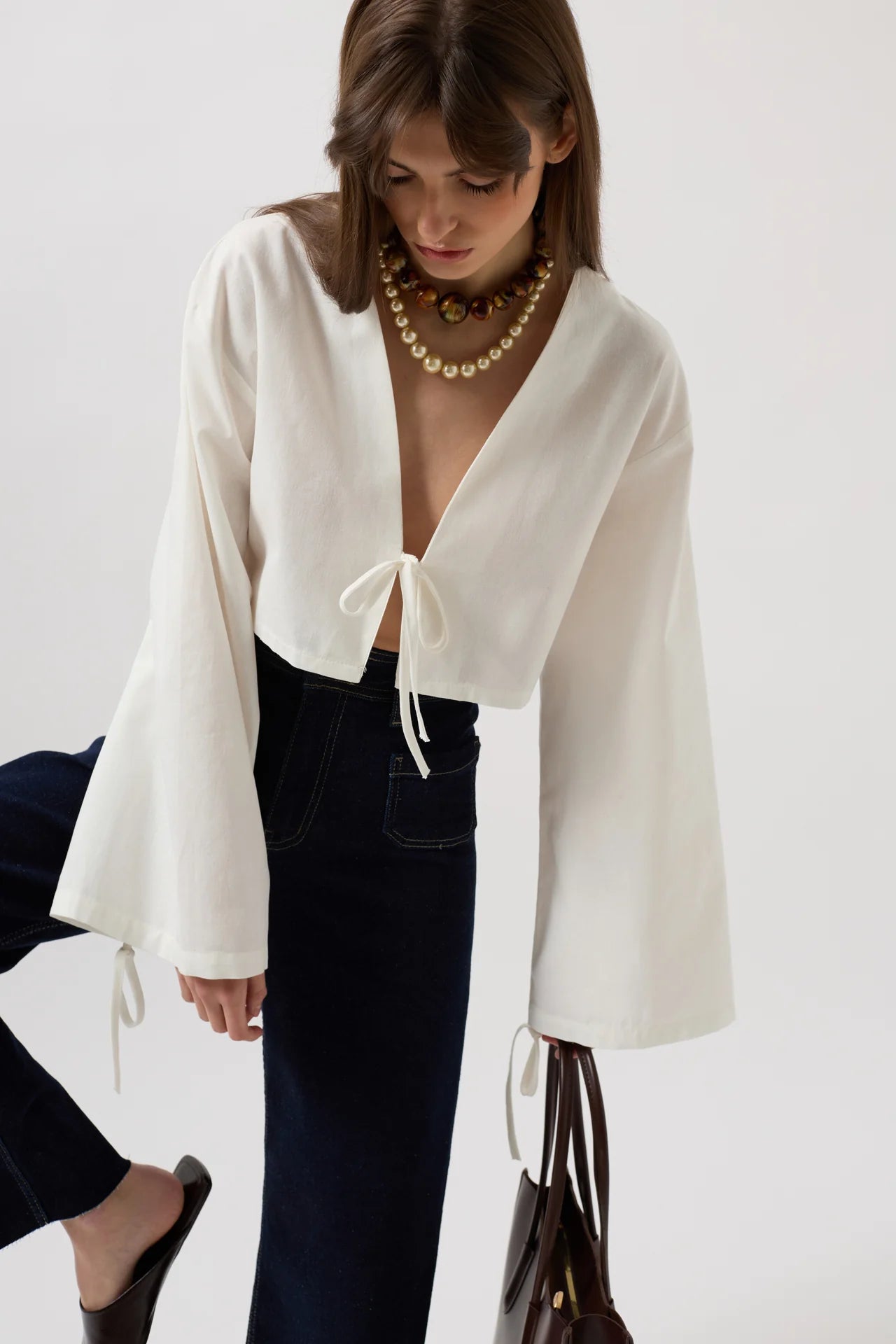 Tie Detail Long Sleeve White Blouse + Jean
