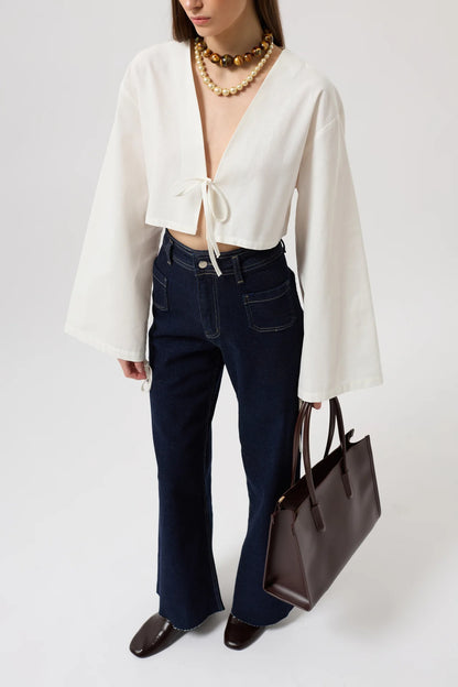 Tie Detail Long Sleeve White Blouse + Jean