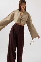 Tie Detail Long Sleeve Beige Blouse