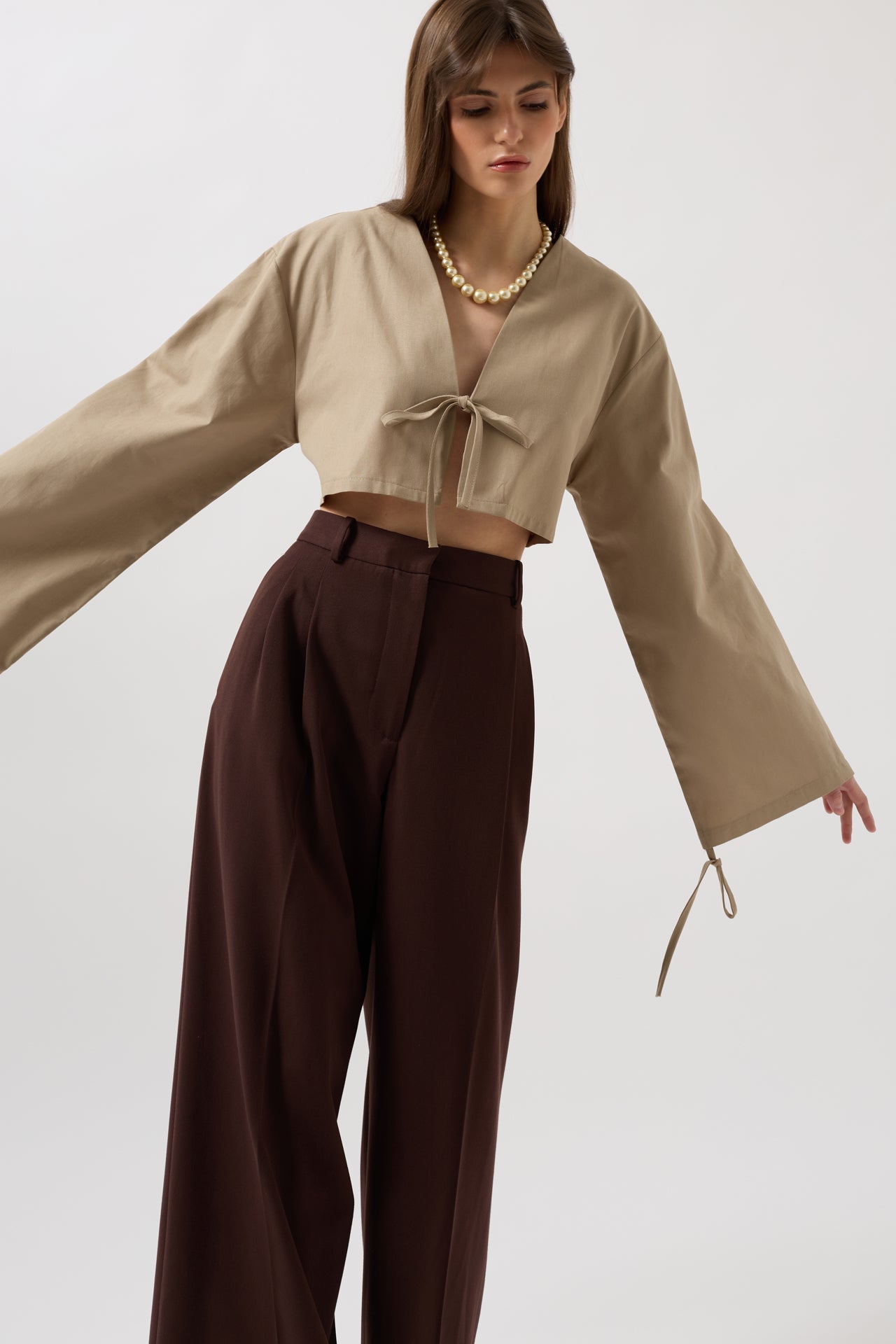 Tie Detail Long Sleeve Beige Blouse