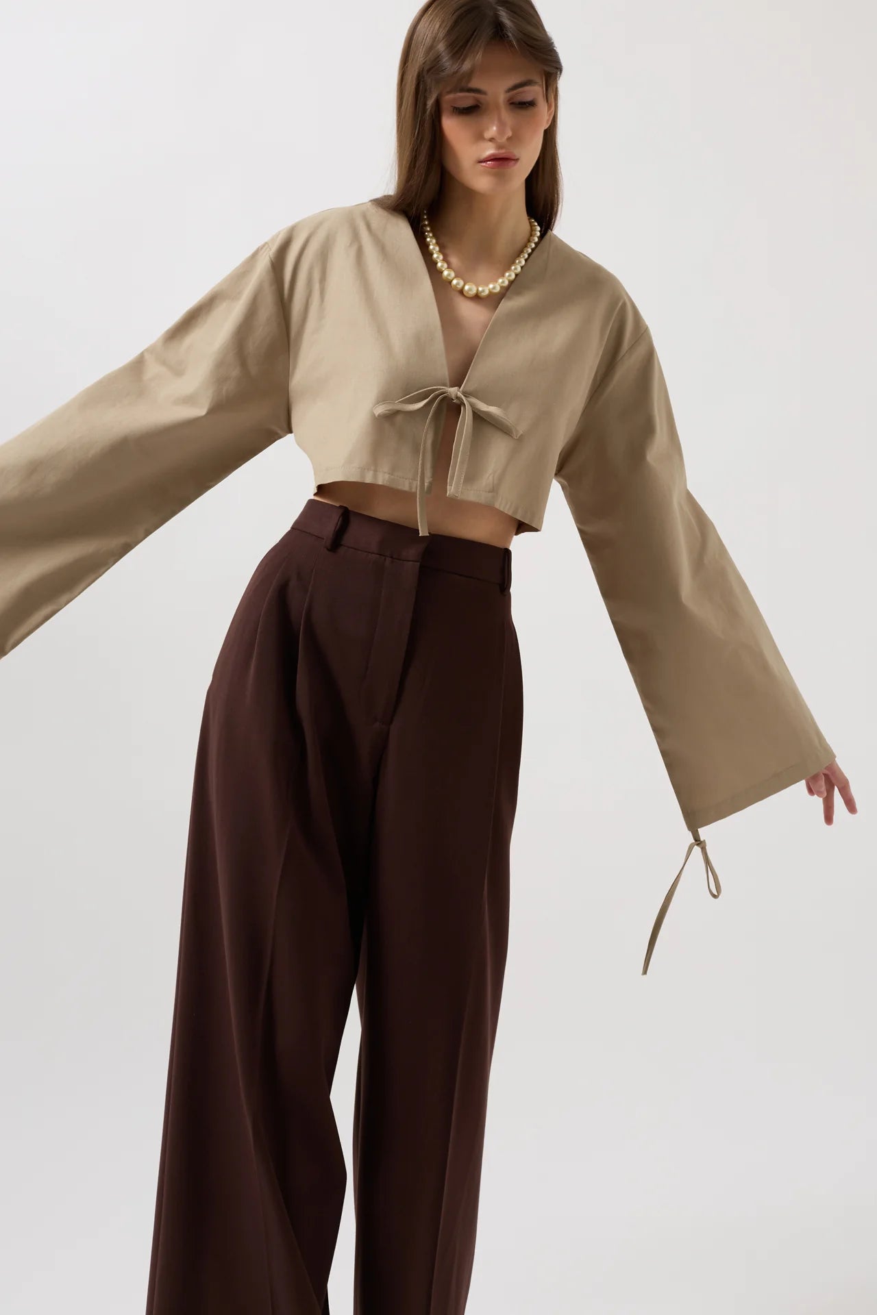 Tie Detail Long Sleeve Beige Blouse