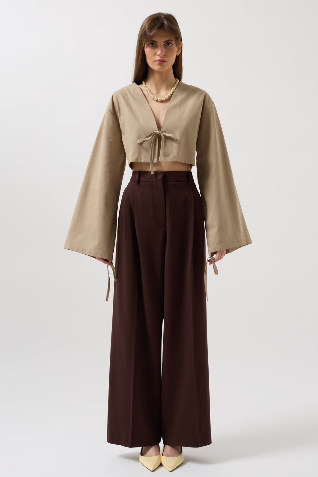 Tie Detail Long Sleeve Beige Blouse
