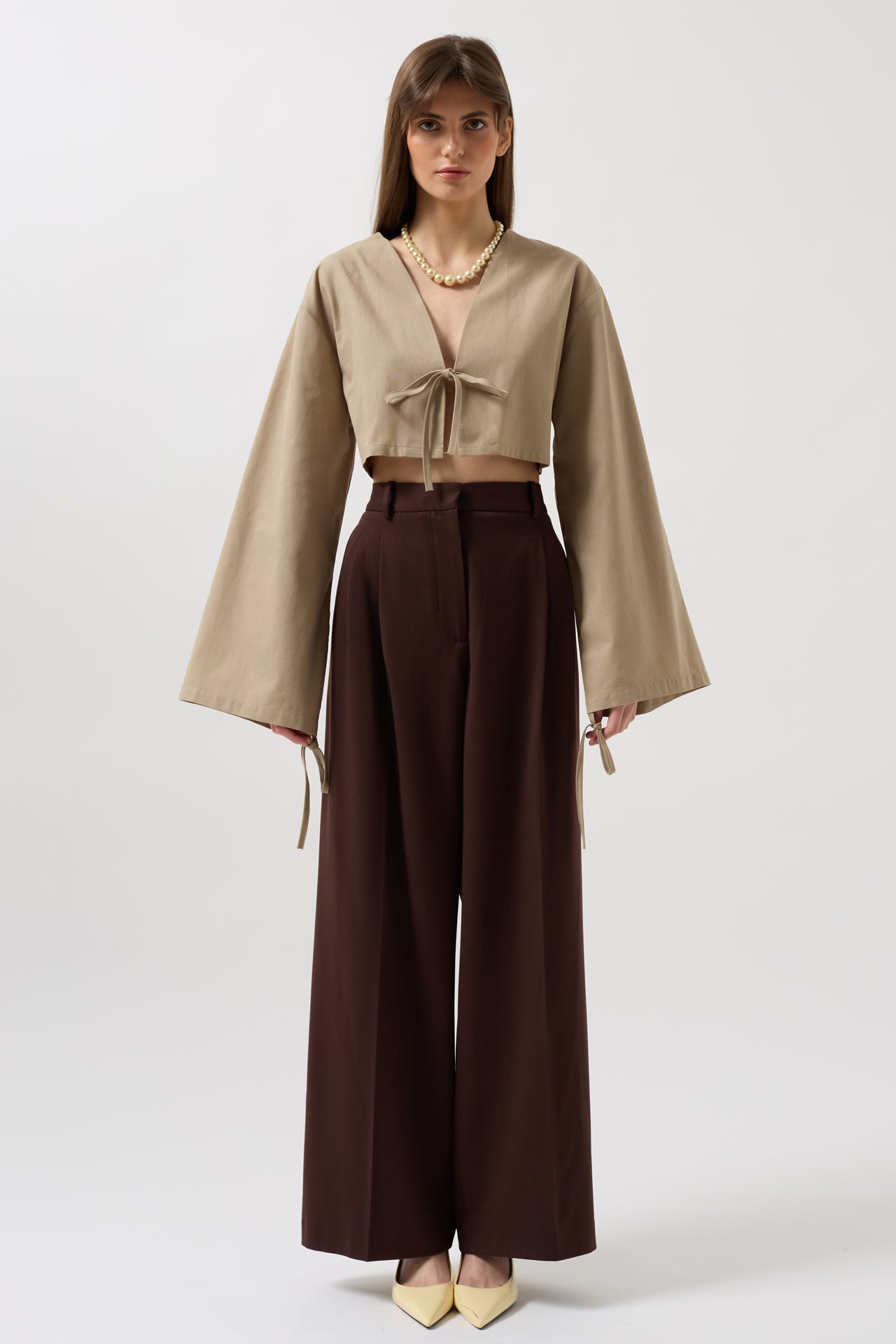 Tie Detail Long Sleeve Beige Blouse