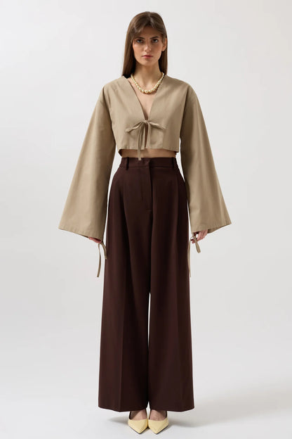 Tie Detail Long Sleeve Beige Blouse