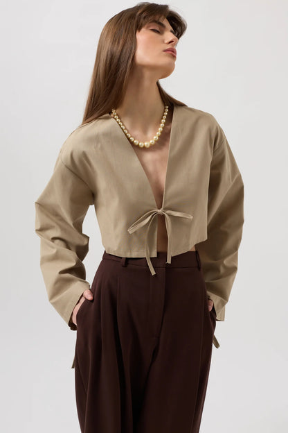 Tie Detail Long Sleeve Beige Blouse