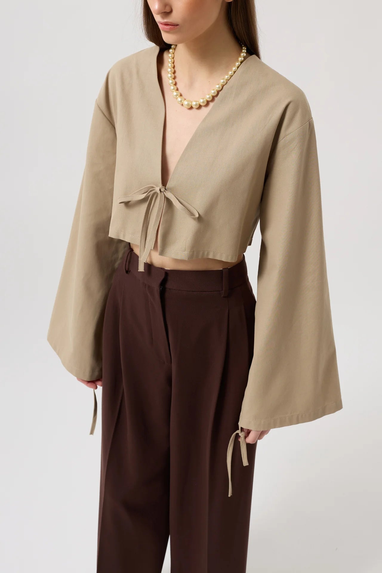 Tie Detail Long Sleeve Beige Blouse
