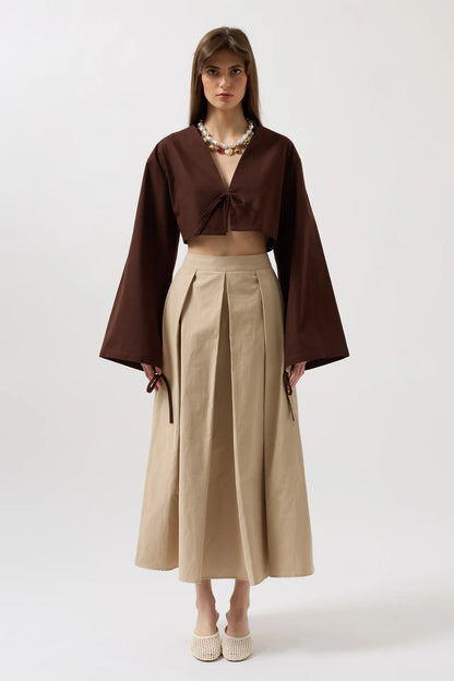 Tie Detail Long Sleeve Brown Blouse