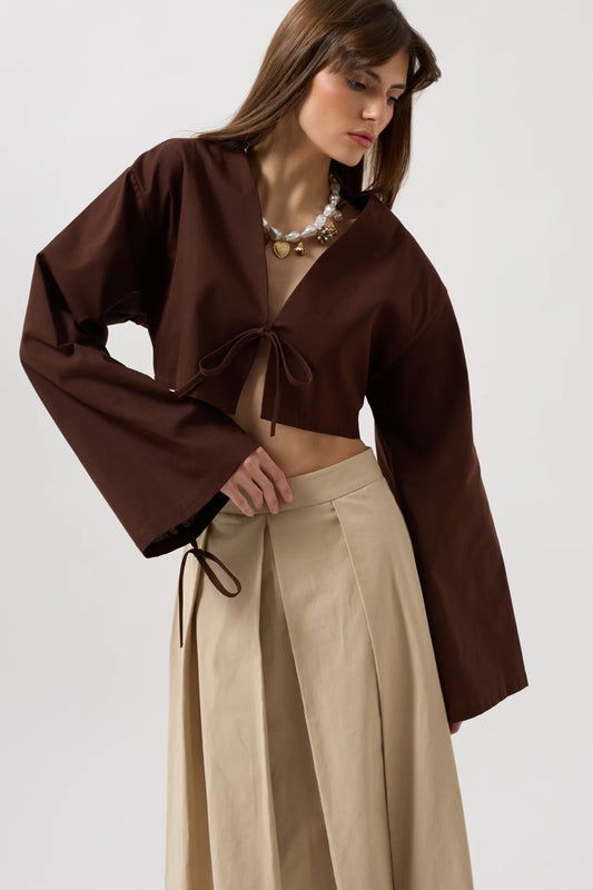 Tie Detail Long Sleeve Brown Blouse