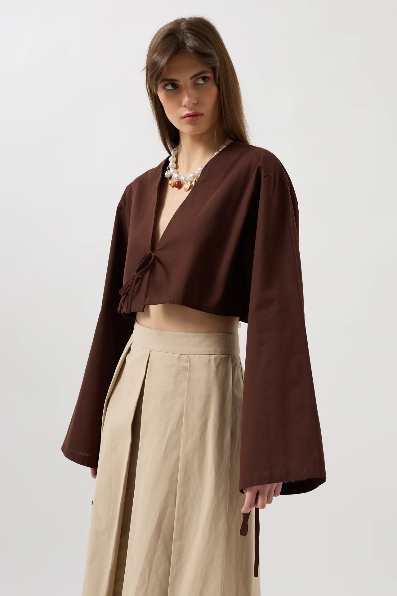 Tie Detail Long Sleeve Brown Blouse