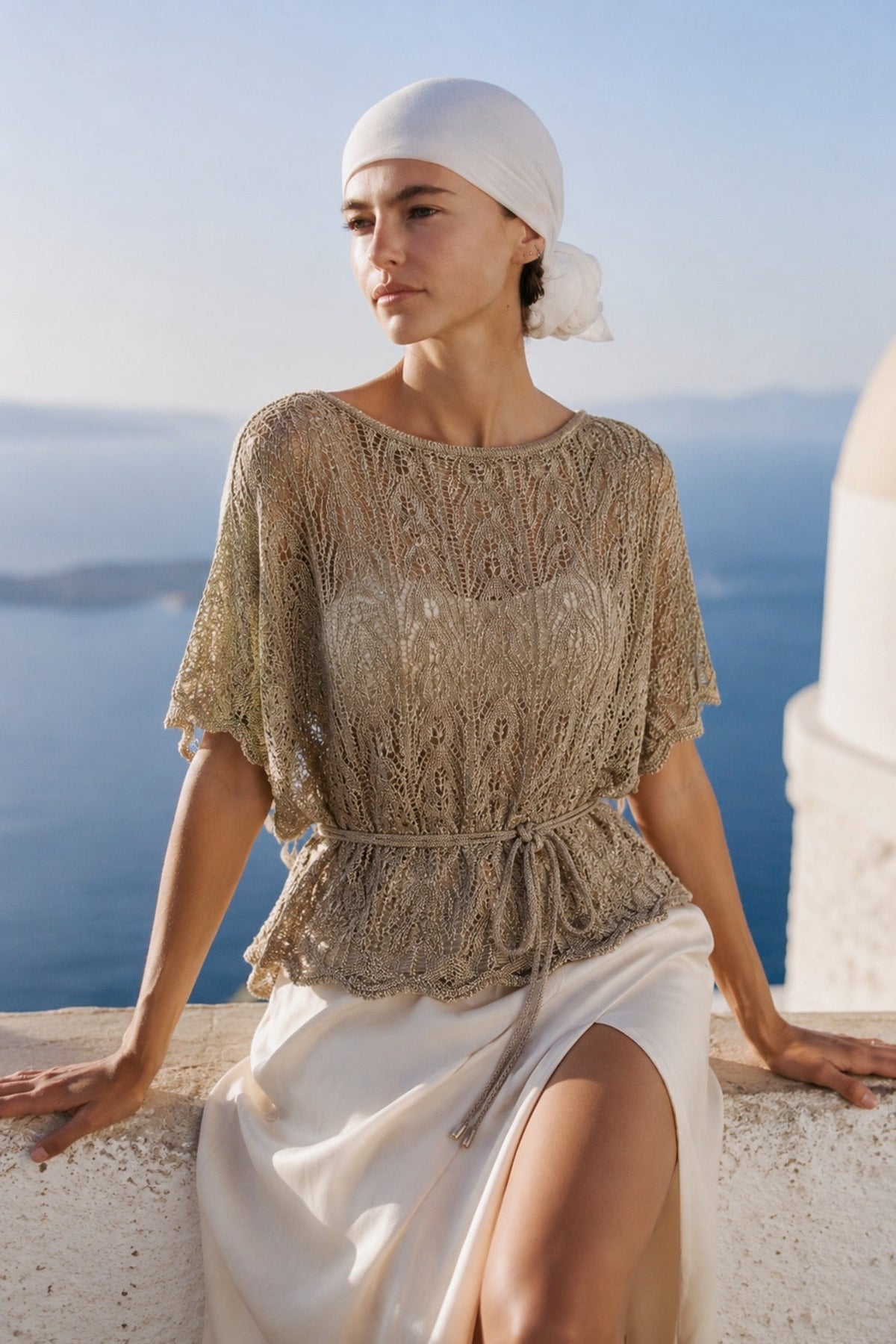 Tie Detail Foil Openwork Gold Blouse