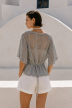 Tie Detail Foil Openwork Silver Blouse
