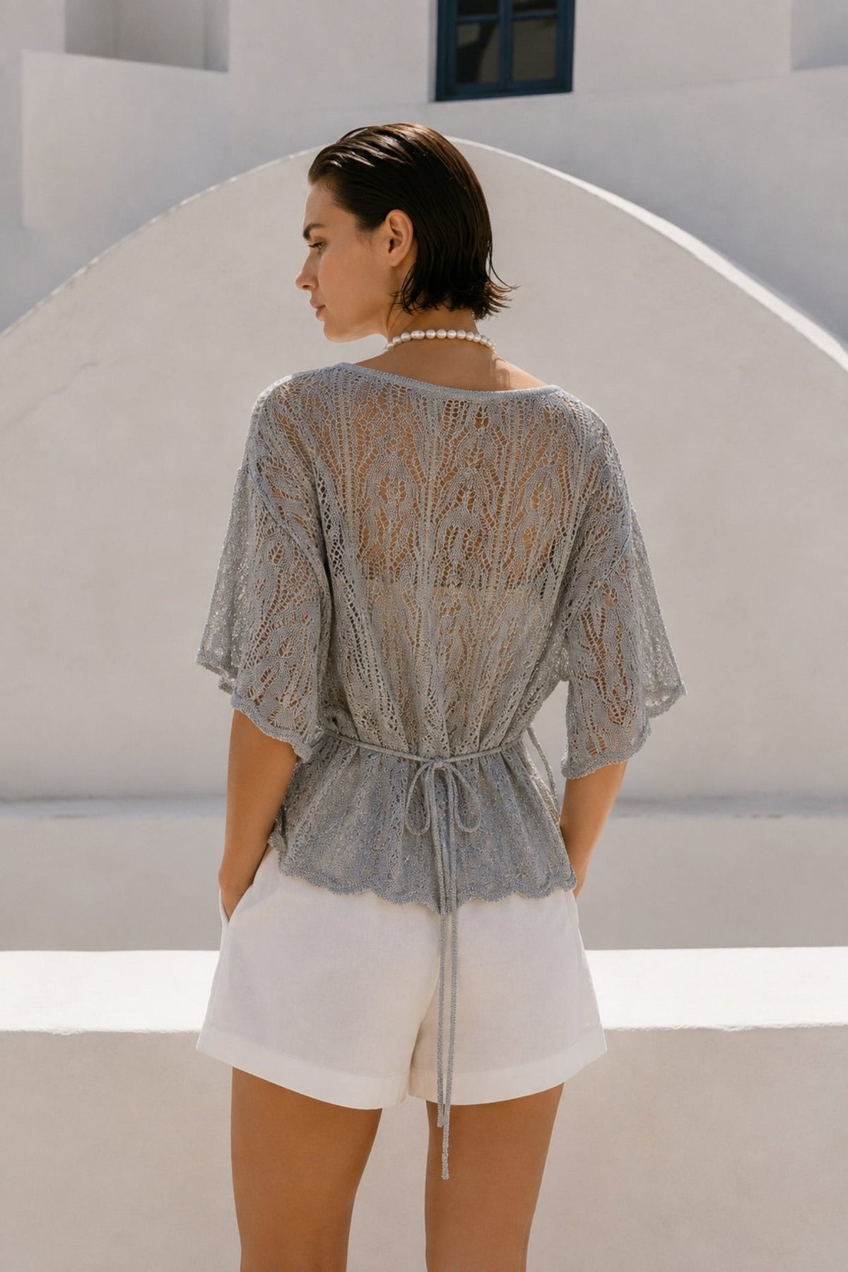 Tie Detail Foil Openwork Silver Blouse