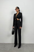 Tie Black Crop Jacket Pants Set