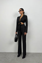 Tie Black Crop Jacket Pants Set