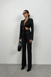 Tied Black Crop Jacket Trouser Set