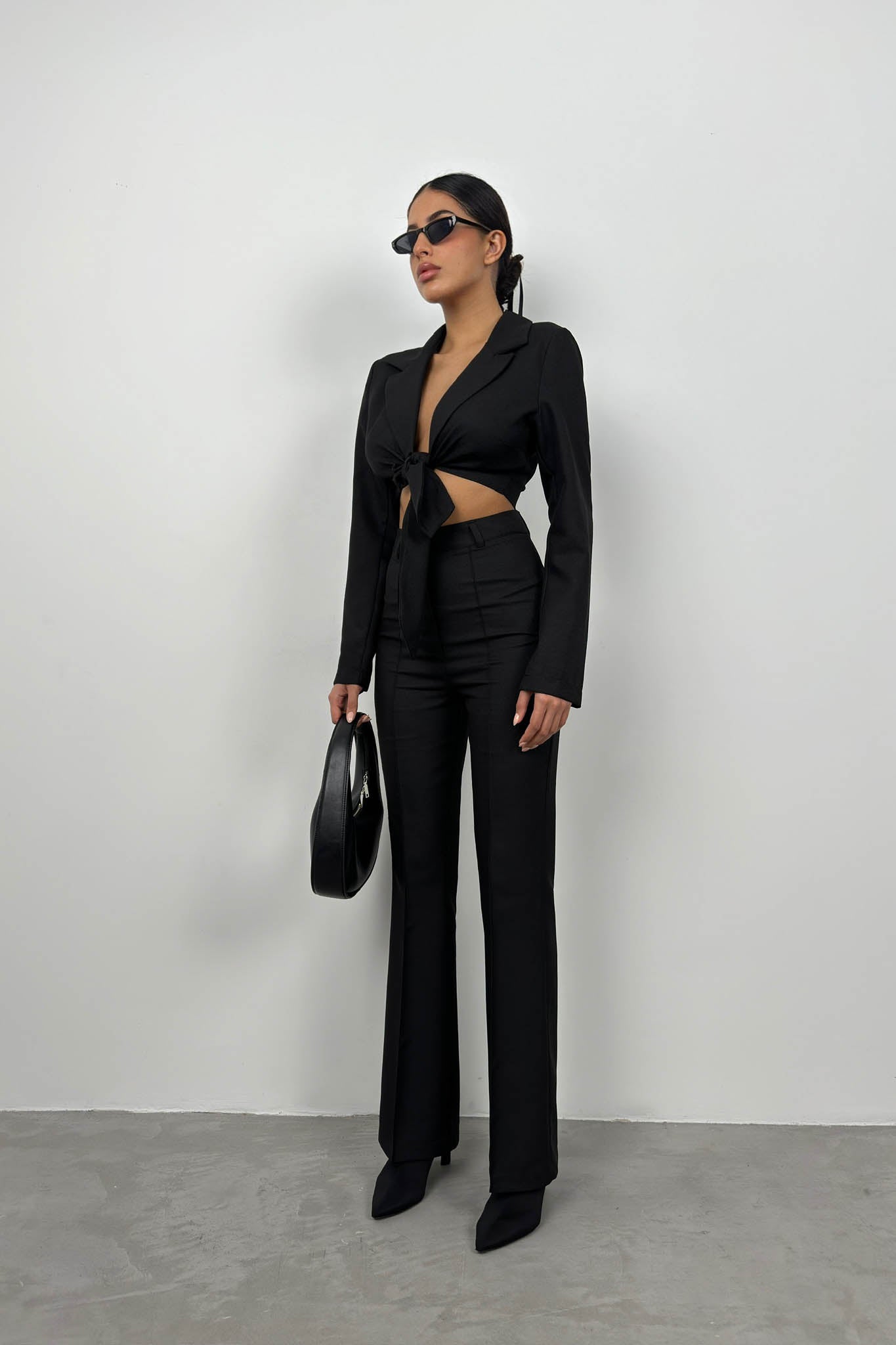 Tie Black Crop Jacket Pants Set