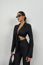 Tie Black Crop Jacket Pants Set
