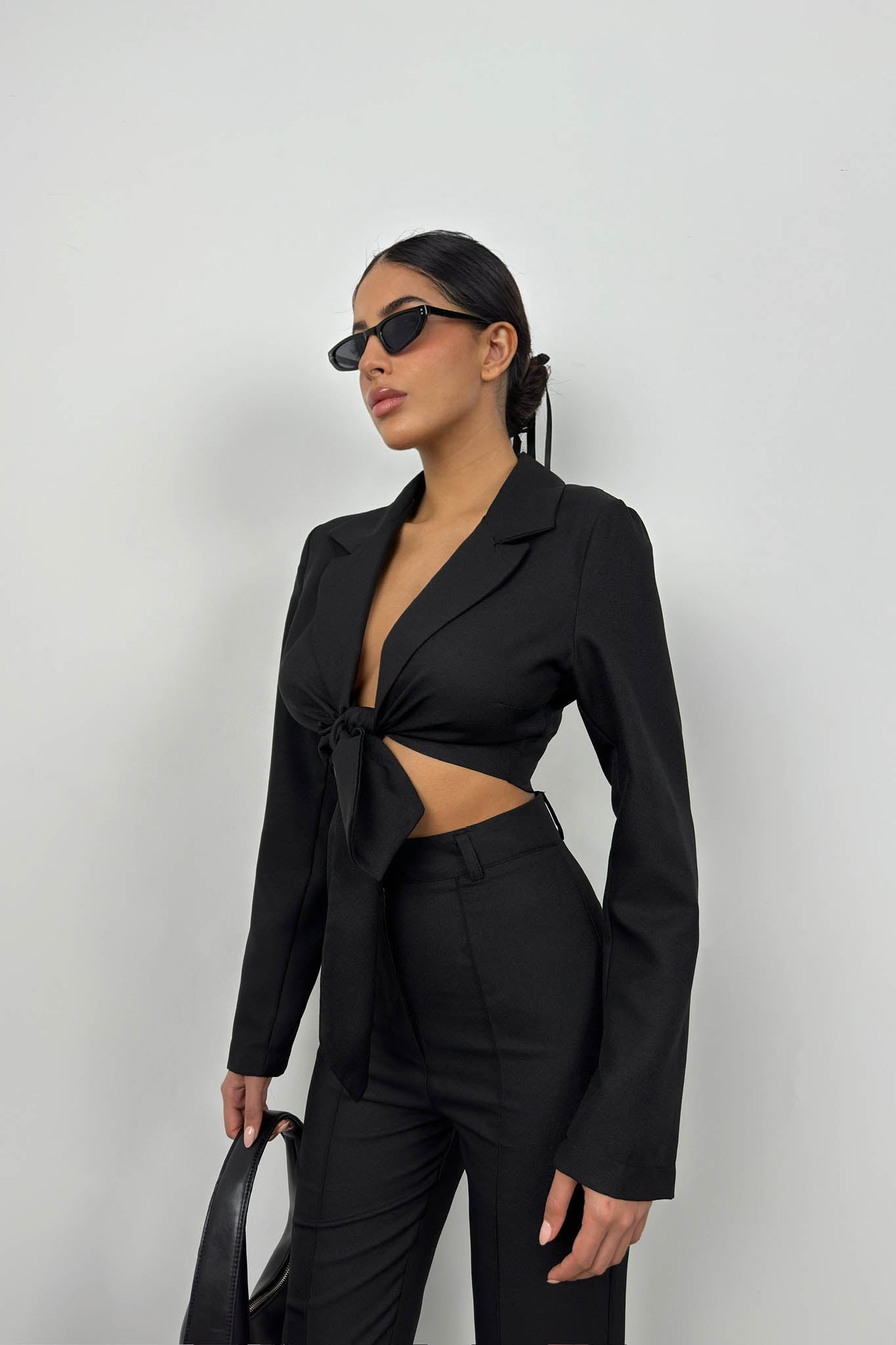 Tie Black Crop Jacket Pants Set