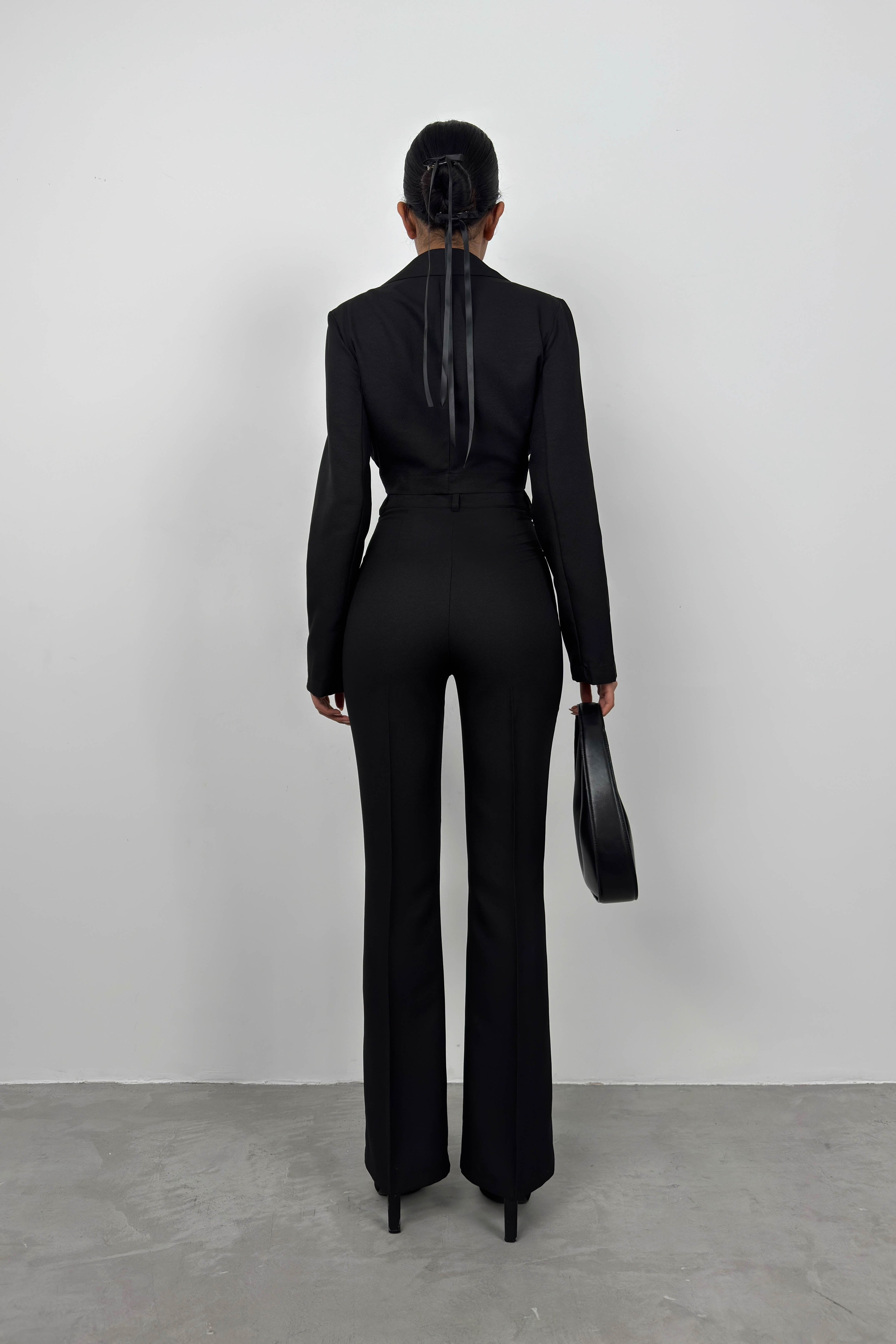 Tie Black Crop Jacket Pants Set
