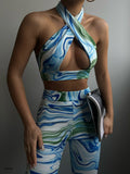 Tie Detail Blue Crop Flared Leggings Set